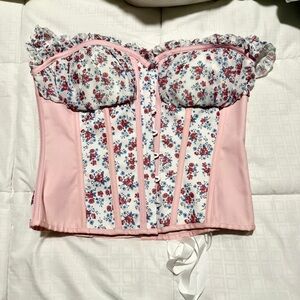 UK22 FLORAL COTTON CORSET TOP WITH PINK DETAILS